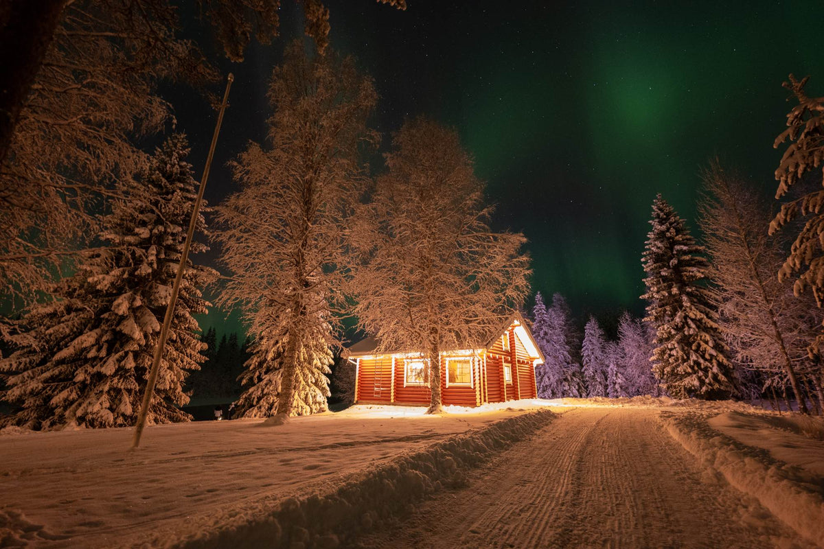 Traditional wooden cottage in Ranua under the Northren Lights in winter